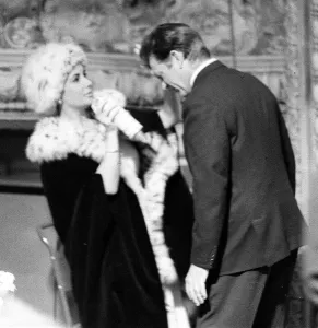 Elizabeth Taylor and Richard Burton on the television set where Richard is filming a