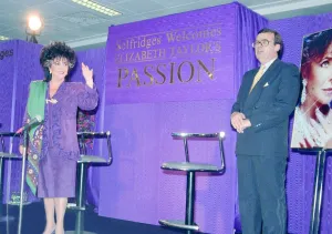 Elizabeth Taylor at Selfridges London October 1986 to promote her perfume Passsion