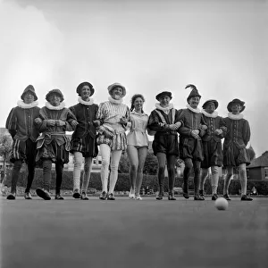 00034 Prints: Elizabethan Bowls Tournament. Ray Evans gets a wrinkle on removing to wrinkles from his
