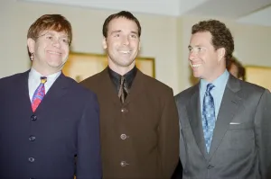 Elton John, David Furnish and David Linley at the opening of Theo Fennell