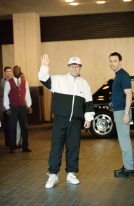 Tracksuit Prints: Elton John and his partner David Furnish leaving the Wellington Hospital after having a