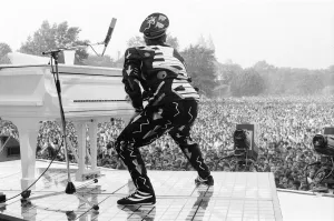 Elton John performing in Central Park, New York, America