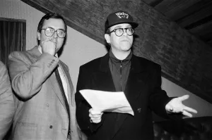 Sale Prints: Elton John, pictured speaking to press about the sale of Watford Football Club