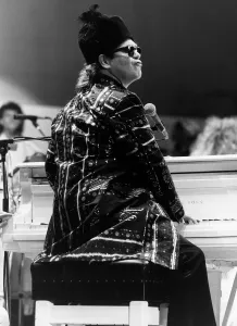 Elton John pop singer on stage at Live Aid Concert 1985 Wembley Stadium