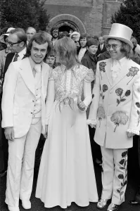 00909 Prints: Elton John (right) pictured here as best man to his songwriting partner Bernie Taupin