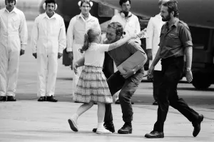 Emotional scenes at Brize Norton as the survivors of the container ship Atlantic Conveyor
