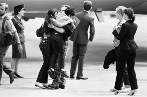 Emotional scenes at Brize Norton as the survivors of the container ship Atlantic Conveyor