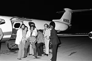 Engelbert Humperdinck arrives by private jet for a darts match. 25th July 1973