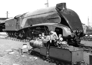 Curiosity Prints: Engine No. 4498 the Sir Nigel Gresley next to a small gauge steam train which seems more