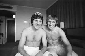England Derby County footballers Roy McFarland (left) and teammate Colin Todd in their