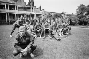 Kneeling Prints: England Football Captain Bobby Moore and the 1966 World Cup football squad at Lilleshall