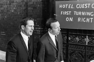 00351 Prints: England football player Nobby Stiles (right) leaves Hendon Headquarters for Wembley to