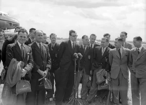 The England football squad at London airport just before departing to Brazil to
