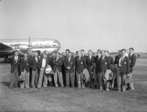The England football squad at London airport just before departing to Brazil to