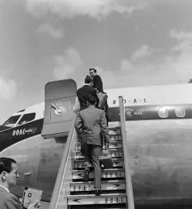The England football team at London Airport before their flight to Santiago