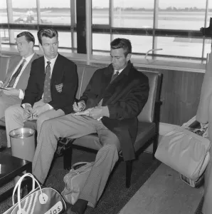 The England football team at London Airport before their flight to Santiago