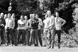 England footballer Bobby Charlton enjoys a round of golf during an England team get
