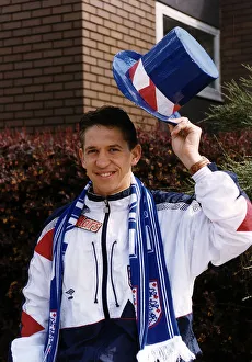Shellsuit Prints: England footballer Gary Lineker wearing shellsuit and holding top hat in national colours