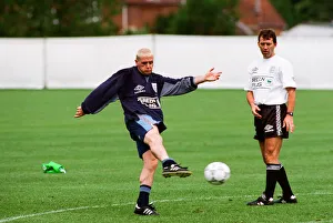 England footballer Paul Gascoigne practices his shooting during a training session