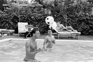 Relaxation Prints: England footballers Alvin Martin (left) and Steve Hodge playing head tennis in