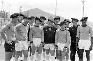 England footballers and management in relaxed mood wearing basque style berets