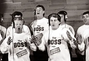00382 Prints: England manager Bobby Robson in a recording studio with Northern Ireland manager Billy