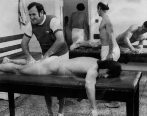 Fitness Prints: England manager Don Revie massages the thigh of a naked Kevin Keegan