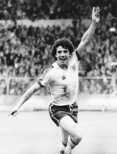 Celebrating Prints: England striker Kevin Keegan celebrates scoring for England at Wembley, circa 1982