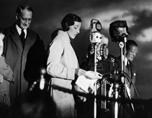 Microphones Prints: English aviator Amy Johnson pictured soon after her dramatic 9 o clock arrival at Croydon