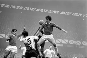 English League Division One match. Everton v. Derby. Joe Royle leaps above Derby keeper
