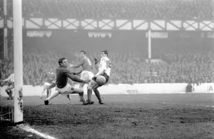 English League Division One match. Everton v. Derby. Gordon West and John O