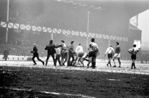 English League Division One match. Everton v. Derby. Referee sends off young boys after