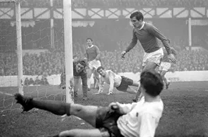 English League Division One match. Everton v. Derby. Narrow escape for Everton