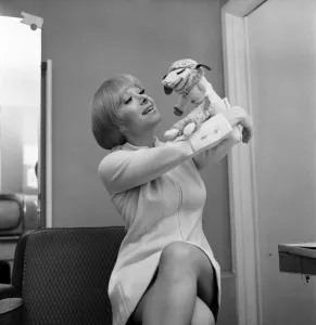 Entertainer Shari Lewis with puppet Lamb Chop in her dressing room