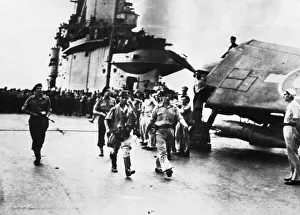 Battleship Prints: Envoy Makimura walks down the flight deck of H. M. S. Indomitable after discussing
