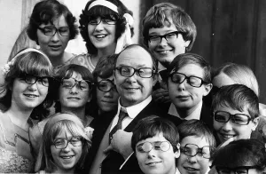 Girls And Boys Prints: Eric Morecambe comedian with kids on filming set 1979 for Anglia TV programme