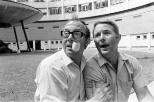 Eric Morecambe and Ernie Wise, Photo-call in Courtyard of BBC Television Centre, London