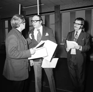 Eric Morecambe and Ernie Wise, pictured with BBC producer and director John Ammonds