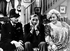 Eric Sykes actor Hattie Jacques actress and Derek Guyler actor in BBC television sitcom