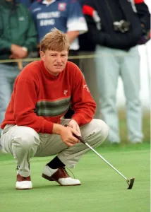 Crouching Prints: Ernie Els at Troon for the Open Championship July 1997 During his last practice round