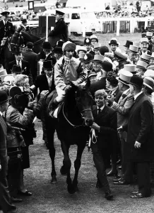 Ernie Johnson jockey on Blakeney after winning The Derby at Epsom - June 1969