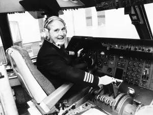 Flying Prints: Ernie Wise comedian at the controls of a British Airways Tristar jet at London Airport