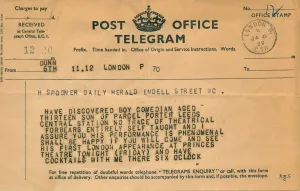 Ernie Wise telegram 6th January 1939 Telegram from Gladys Tudor Owen to H Spooner