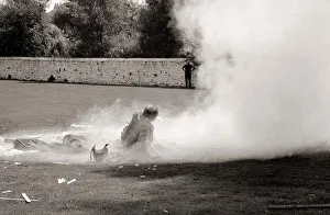 Escapologist Mike Costello known as Blondini seen here being blown up in a box by his