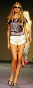 Esther Canadas models a silk top and shorts October 1998 designed by Stella McCartney for
