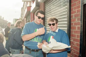 00955 Prints: Euro 1996 Football Fans in the streets around Anfield Football Ground, Liverpool