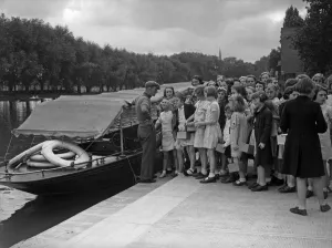 Evacuated Birmingham schoolchildren seen here taking in the sights of Stratford of Avon