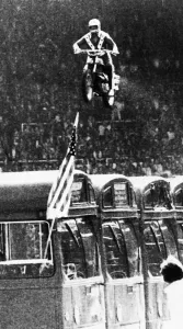 Evel Knievel American motorcycle stuntman daredevil 1975 leaping over buses