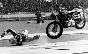 Dramatic Prints: Evel Knievel American stuntman daredevil 1975 falling from motorcycle at Wembley