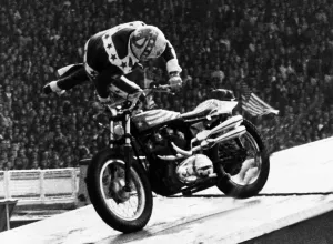 Dramatic Prints: Evel Knievel American stuntman daredevil 1975 falling off motorcycle at Wembley